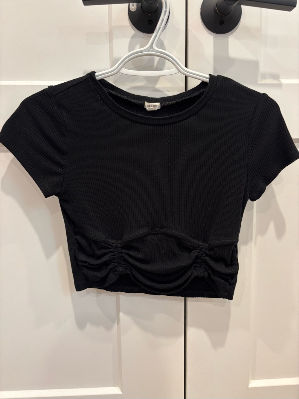Garage Black Ribbed Short-Sleeve Ruched Crop Top